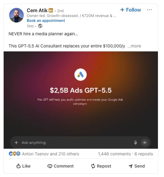 LinkedIn post by Cem Atik with 1,446 comments